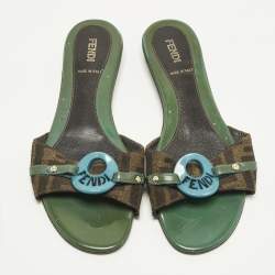 Pre Owned Fendi Size 37.5 Brown FF Canvas and Patent Leather Logo Flat Slide