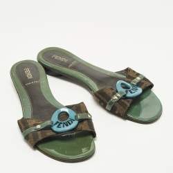 Pre Owned Fendi Size 37.5 Brown FF Canvas and Patent Leather Logo Flat Slide