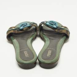 Pre Owned Fendi Size 37.5 Brown FF Canvas and Patent Leather Logo Flat Slide