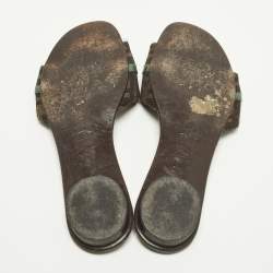 Pre Owned Fendi Size 37.5 Brown FF Canvas and Patent Leather Logo Flat Slide