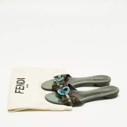 Pre Owned Fendi Size 37.5 Brown FF Canvas and Patent Leather Logo Flat Slide