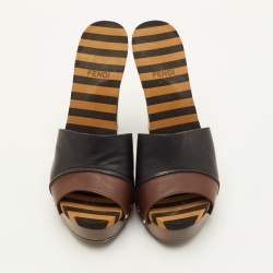 Pre Owned Fendi Size 37.5 Black/Dark Brown Leather Striped Platform Clogs