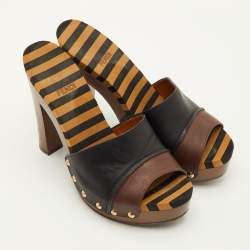 Pre Owned Fendi Size 37.5 Black/Dark Brown Leather Striped Platform Clogs