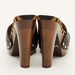 Pre Owned Fendi Size 37.5 Black/Dark Brown Leather Striped Platform Clogs