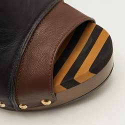 Pre Owned Fendi Size 37.5 Black/Dark Brown Leather Striped Platform Clogs