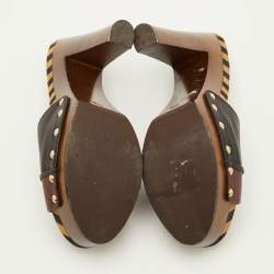 Pre Owned Fendi Size 37.5 Black/Dark Brown Leather Striped Platform Clogs