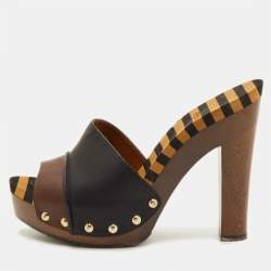 Pre Owned Fendi Size 37.5 Black/Dark Brown Leather Striped Platform Clogs
