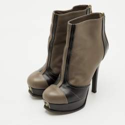 Pre Owned Fendi Fendista Size 36 Taupe Brown/Black Leather Platform Ankle Length Boots