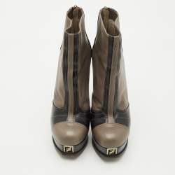 Pre Owned Fendi Fendista Size 36 Taupe Brown/Black Leather Platform Ankle Length Boots