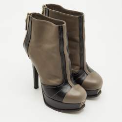 Pre Owned Fendi Fendista Size 36 Taupe Brown/Black Leather Platform Ankle Length Boots