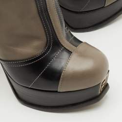 Pre Owned Fendi Fendista Size 36 Taupe Brown/Black Leather Platform Ankle Length Boots