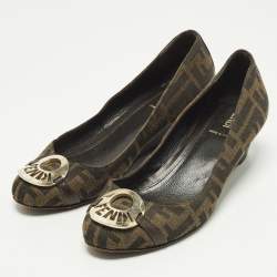 Pre Owned Fendi Zucca Size 37 Brown Canvas and Leather Wedge Pumps