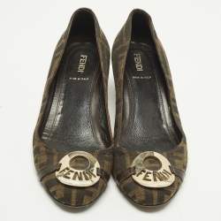 Pre Owned Fendi Zucca Size 37 Brown Canvas and Leather Wedge Pumps
