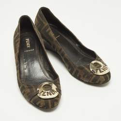 Pre Owned Fendi Zucca Size 37 Brown Canvas and Leather Wedge Pumps