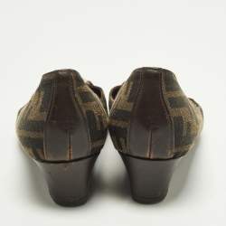 Pre Owned Fendi Zucca Size 37 Brown Canvas and Leather Wedge Pumps