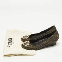 Pre Owned Fendi Zucca Size 37 Brown Canvas and Leather Wedge Pumps