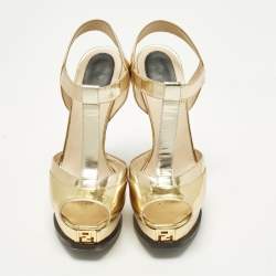 Pre Owned صندل فندي ذهبي/أسود جلد ومحبب بحزام للكاحل حجم 36