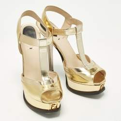 Pre Owned صندل فندي ذهبي/أسود جلد ومحبب بحزام للكاحل حجم 36