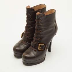 Pre Owned Fendi Size 37.5 Dark Brown Leather Platform Ankle Length Boots