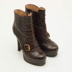 Pre Owned Fendi Size 37.5 Dark Brown Leather Platform Ankle Length Boots