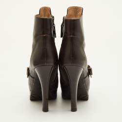 Pre Owned Fendi Size 37.5 Dark Brown Leather Platform Ankle Length Boots