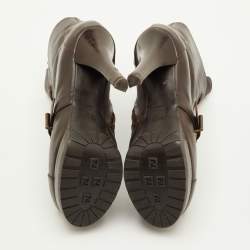 Pre Owned Fendi Size 37.5 Dark Brown Leather Platform Ankle Length Boots
