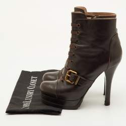 Pre Owned Fendi Size 37.5 Dark Brown Leather Platform Ankle Length Boots