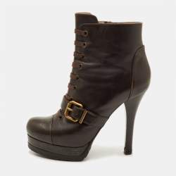 Pre Owned Fendi Size 37.5 Dark Brown Leather Platform Ankle Length Boots