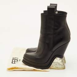 Pre Owned Fendi Size 38 Black Leather Zip Up Platform Ankle Length Boots