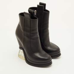 Pre Owned Fendi Size 38 Black Leather Zip Up Platform Ankle Length Boots