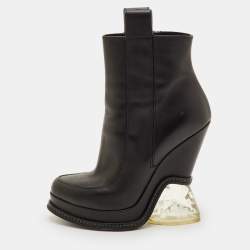 Pre Owned Fendi Size 38 Black Leather Zip Up Platform Ankle Length Boots