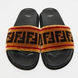 Pre Owned Fendi Size 39 Brown FF Velvet Flat Slide