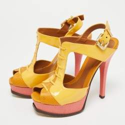 Pre Owned Fendi Fendista Size 37.5 Yellow Lizard Embossed Leather And Patent Leather Ankle Strap Sandals