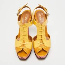 Pre Owned Fendi Fendista Size 37.5 Yellow Lizard Embossed Leather And Patent Leather Ankle Strap Sandals