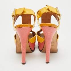 Pre Owned Fendi Fendista Size 37.5 Yellow Lizard Embossed Leather And Patent Leather Ankle Strap Sandals