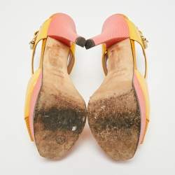 Pre Owned Fendi Fendista Size 37.5 Yellow Lizard Embossed Leather And Patent Leather Ankle Strap Sandals