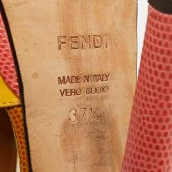 Pre Owned Fendi Fendista Size 37.5 Yellow Lizard Embossed Leather And Patent Leather Ankle Strap Sandals