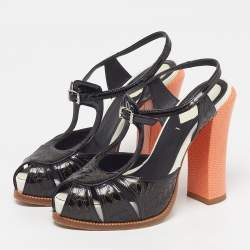 Pre Owned Fendi Chameleon Size 36 Black/Orange Patent Leather Ankle Strap Sandals