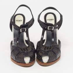 Pre Owned Fendi Chameleon Size 36 Black/Orange Patent Leather Ankle Strap Sandals
