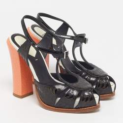 Pre Owned Fendi Chameleon Size 36 Black/Orange Patent Leather Ankle Strap Sandals