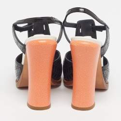 Pre Owned Fendi Chameleon Size 36 Black/Orange Patent Leather Ankle Strap Sandals