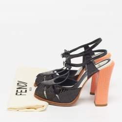 Pre Owned Fendi Chameleon Size 36 Black/Orange Patent Leather Ankle Strap Sandals