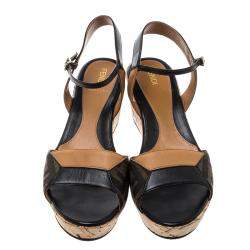 Pre Owned Fendi Brown/Black Zucca Canvas and Leather Wedge Sandals Size 38