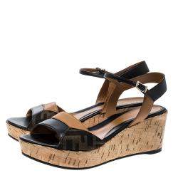 Pre Owned Fendi Brown/Black Zucca Canvas and Leather Wedge Sandals Size 38