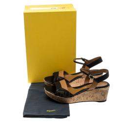Pre Owned Fendi Brown/Black Zucca Canvas and Leather Wedge Sandals Size 38