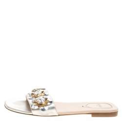 Pre Owned Fendi Metallic Silver Leather Flowerland Flat Slides 38.5