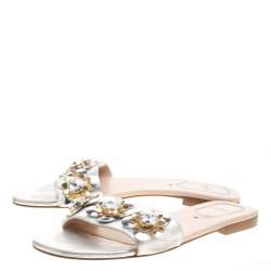 Pre Owned Fendi Metallic Silver Leather Flowerland Flat Slides 38.5