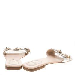 Pre Owned Fendi Metallic Silver Leather Flowerland Flat Slides 38.5