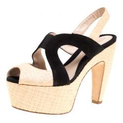 Pre Owned Fendi Suede and Raffia Sligback Platform Sandals Size 36.5