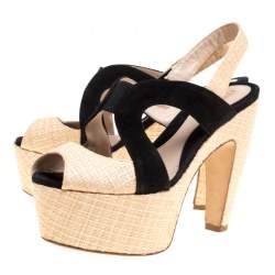 Pre Owned Fendi Suede and Raffia Sligback Platform Sandals Size 36.5